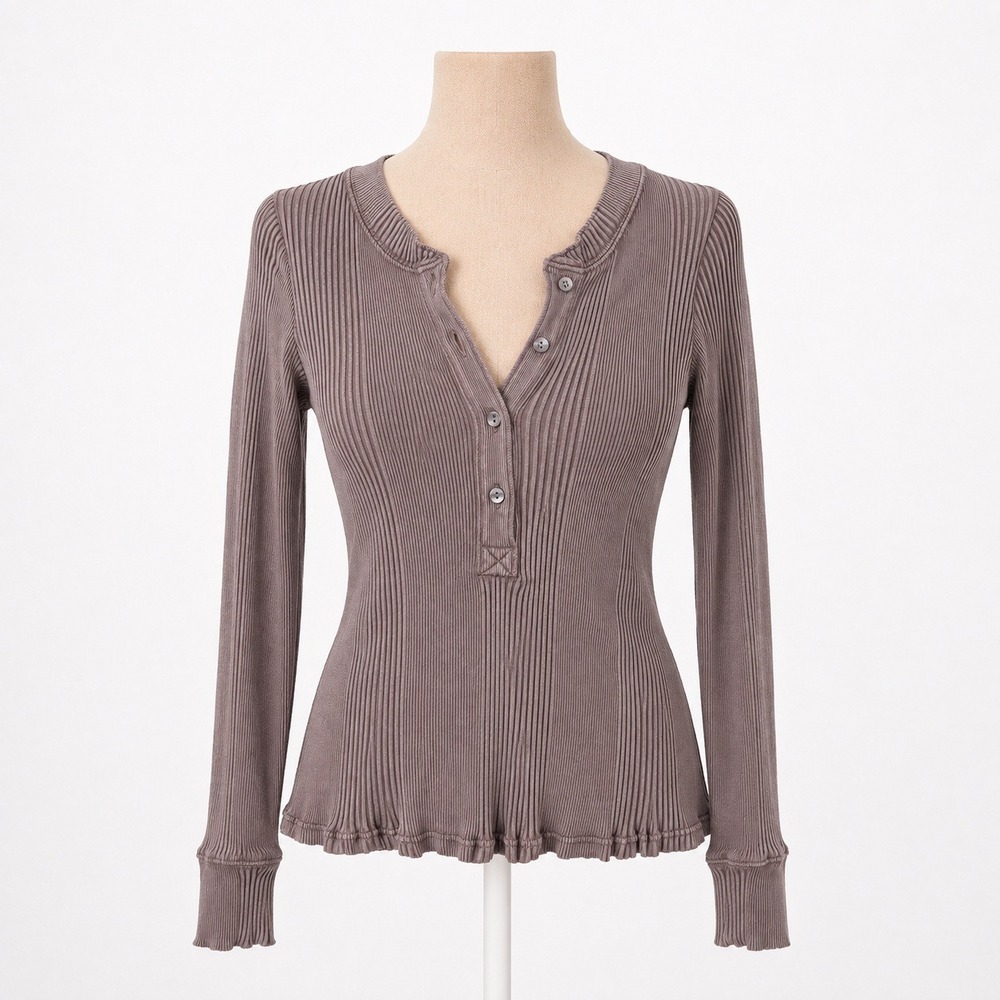 Y2K Ribbed Long Sleeve Henley Top Size S Brown Stretch Layer Bella Preppy Grunge